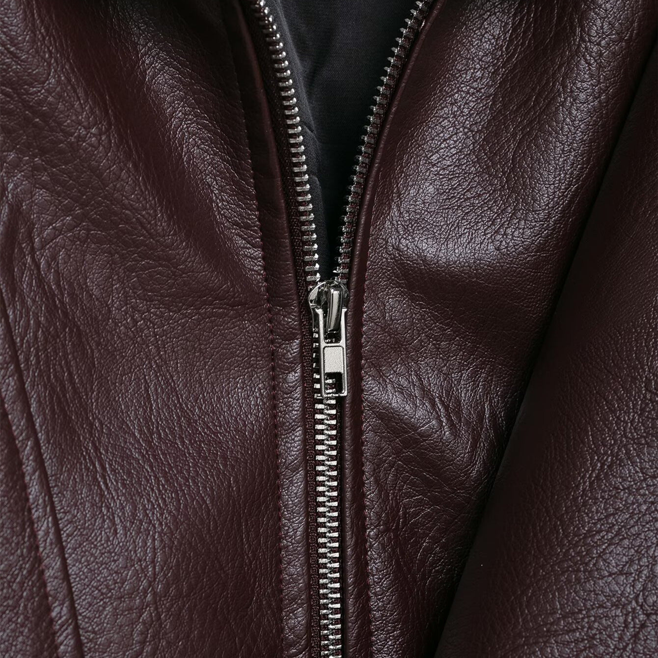 Burgundy biker jacket with belt and high collar
