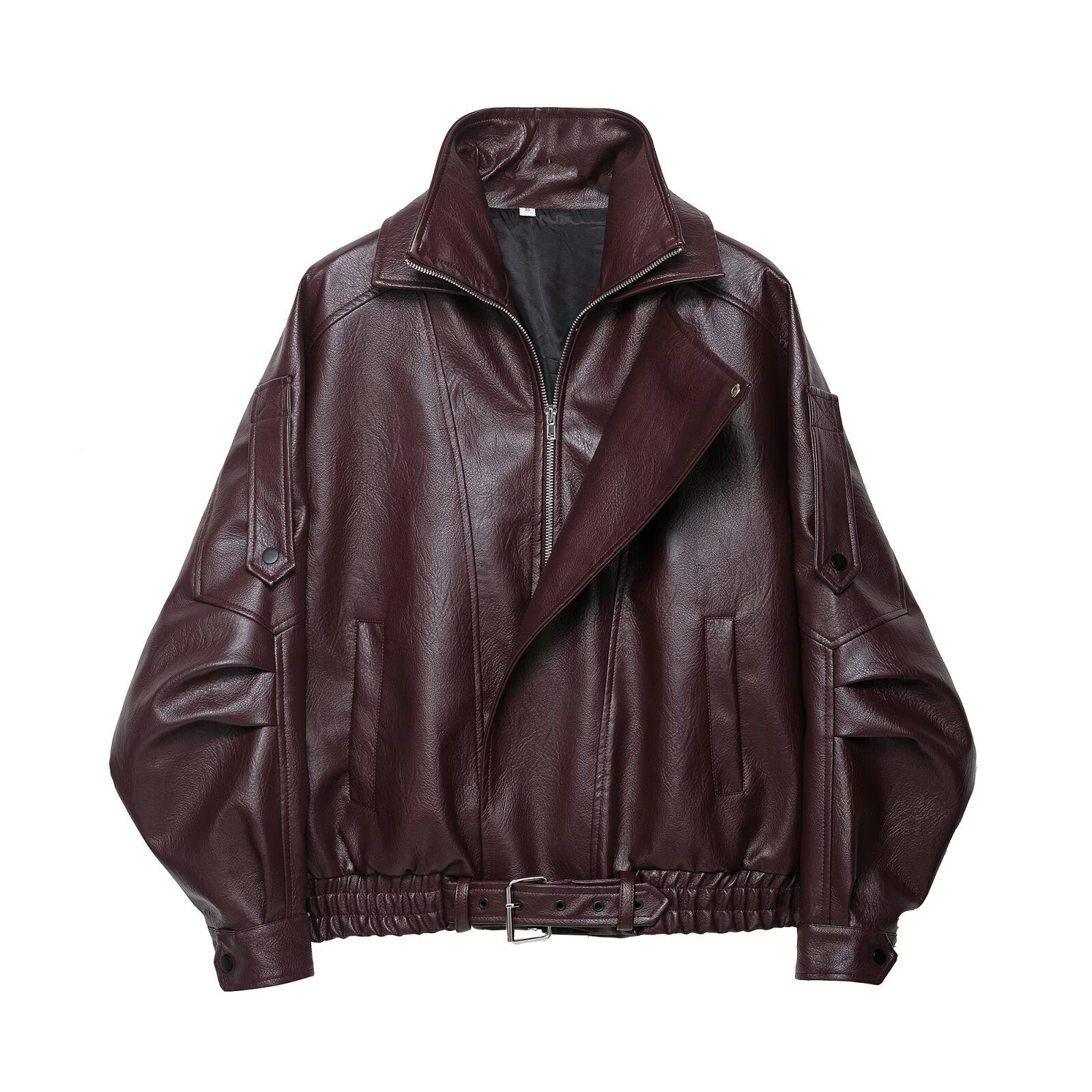 Burgundy biker jacket with belt and high collar