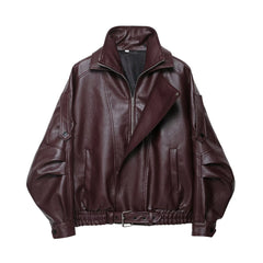 Burgundy biker jacket with belt and high collar