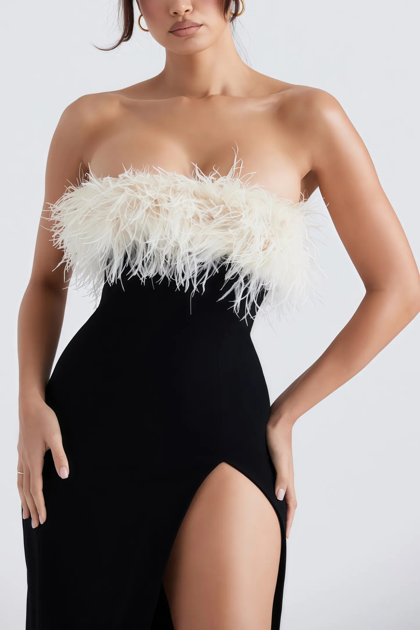 Black strapless maxi dress with white trim