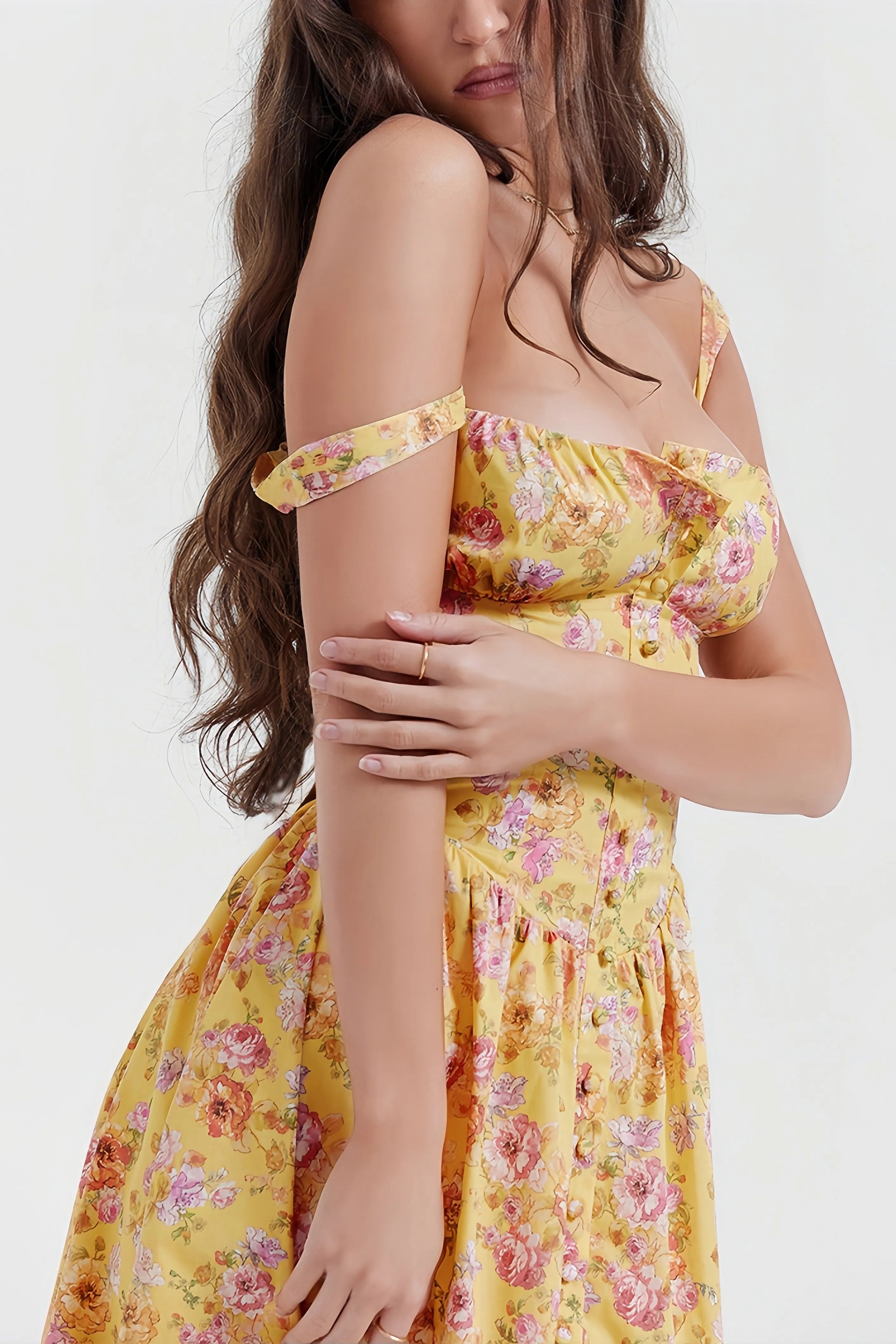 Yellow floral midi dress with fitted waist
