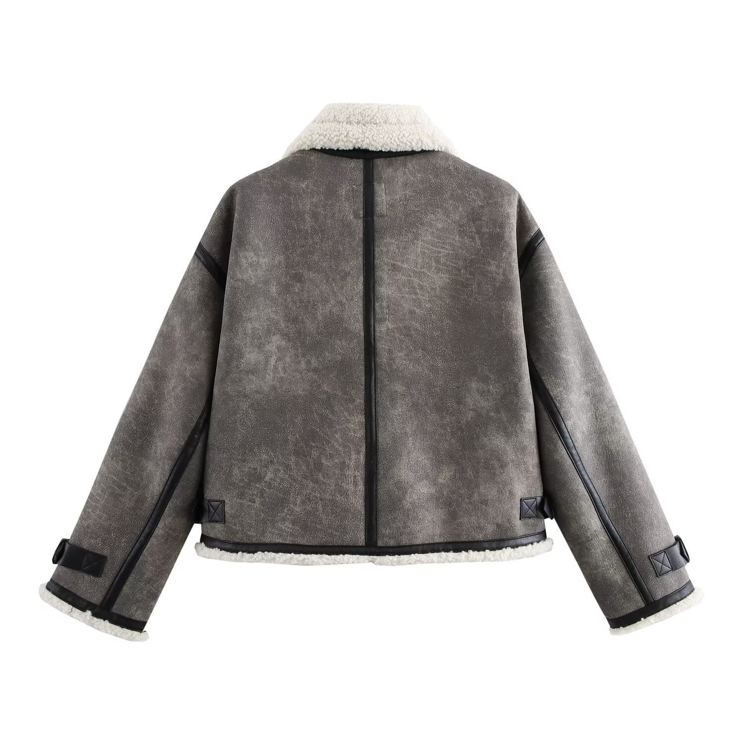 Short jacket with stand-up collar and buckle details