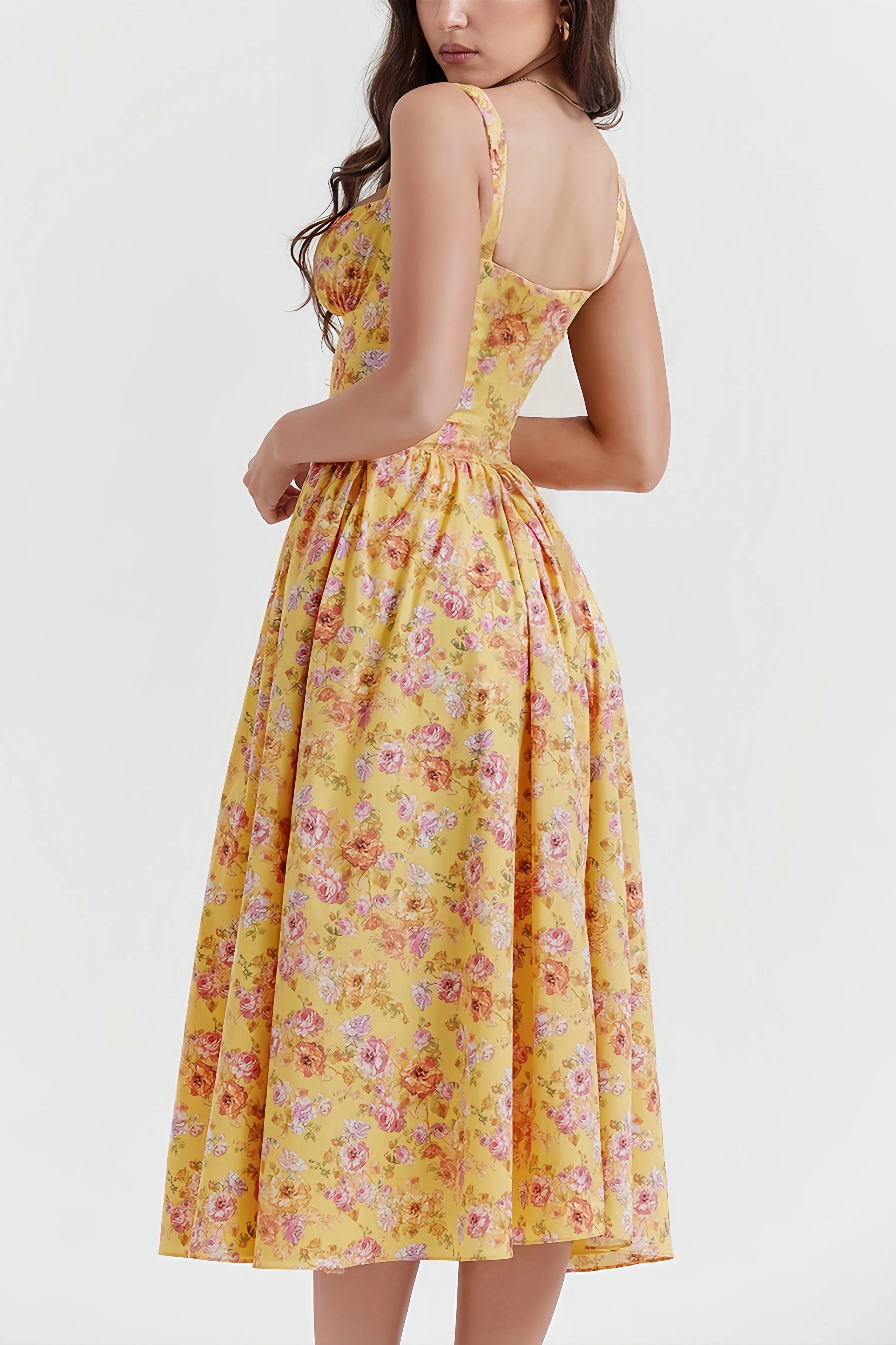 Yellow floral midi dress with fitted waist