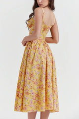 Yellow floral midi dress with fitted waist