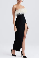 Black strapless maxi dress with white trim