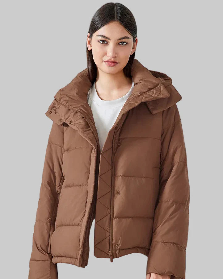 Short puffer jacket with hood and high collar