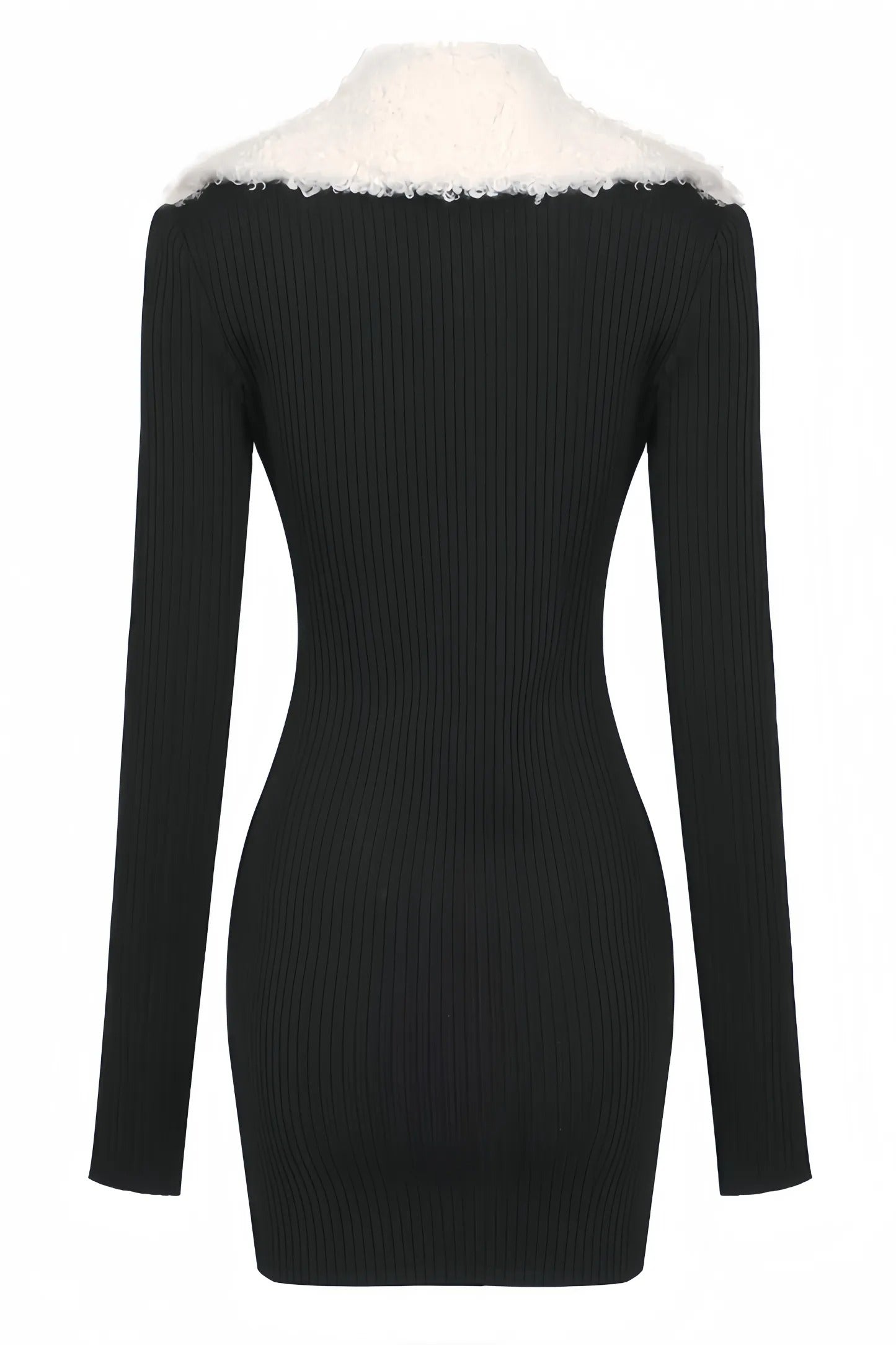 Black ribbed mini dress with white faux fur and zipper