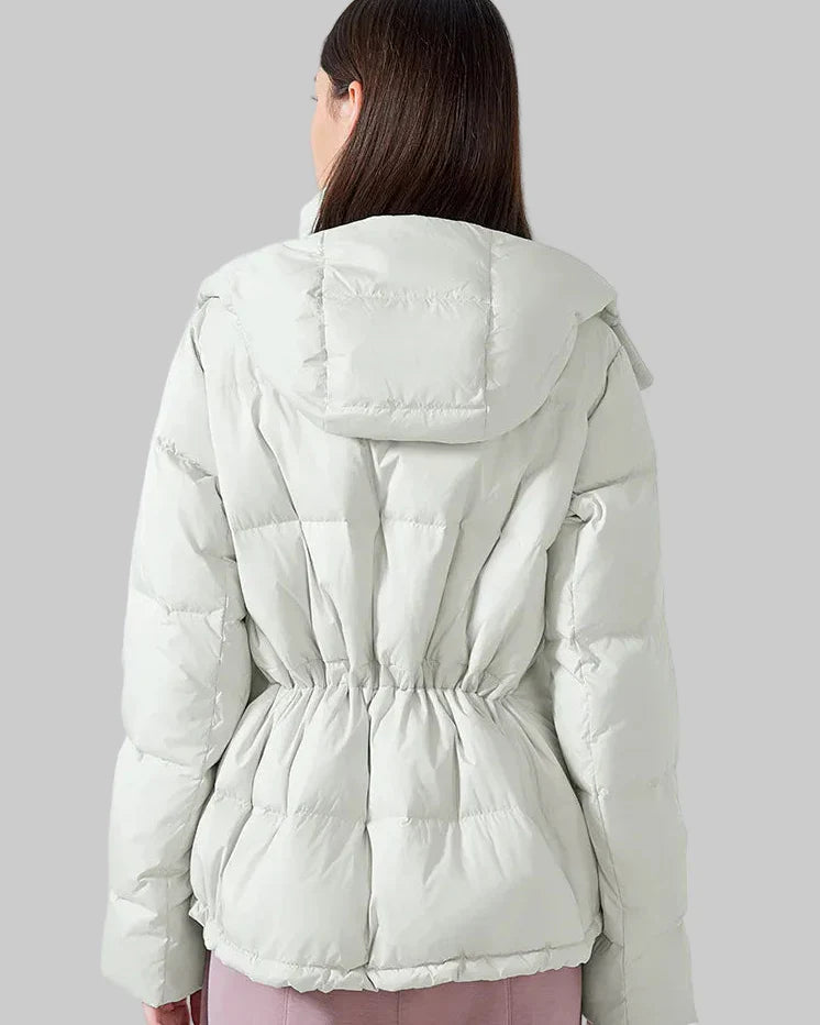 Short puffer jacket with hood and high collar