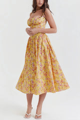 Yellow floral midi dress with fitted waist