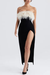 Black strapless maxi dress with white trim