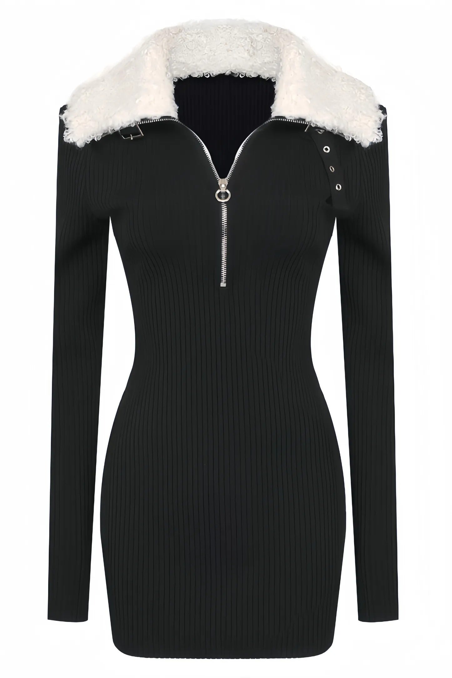 Black ribbed mini dress with white faux fur and zipper