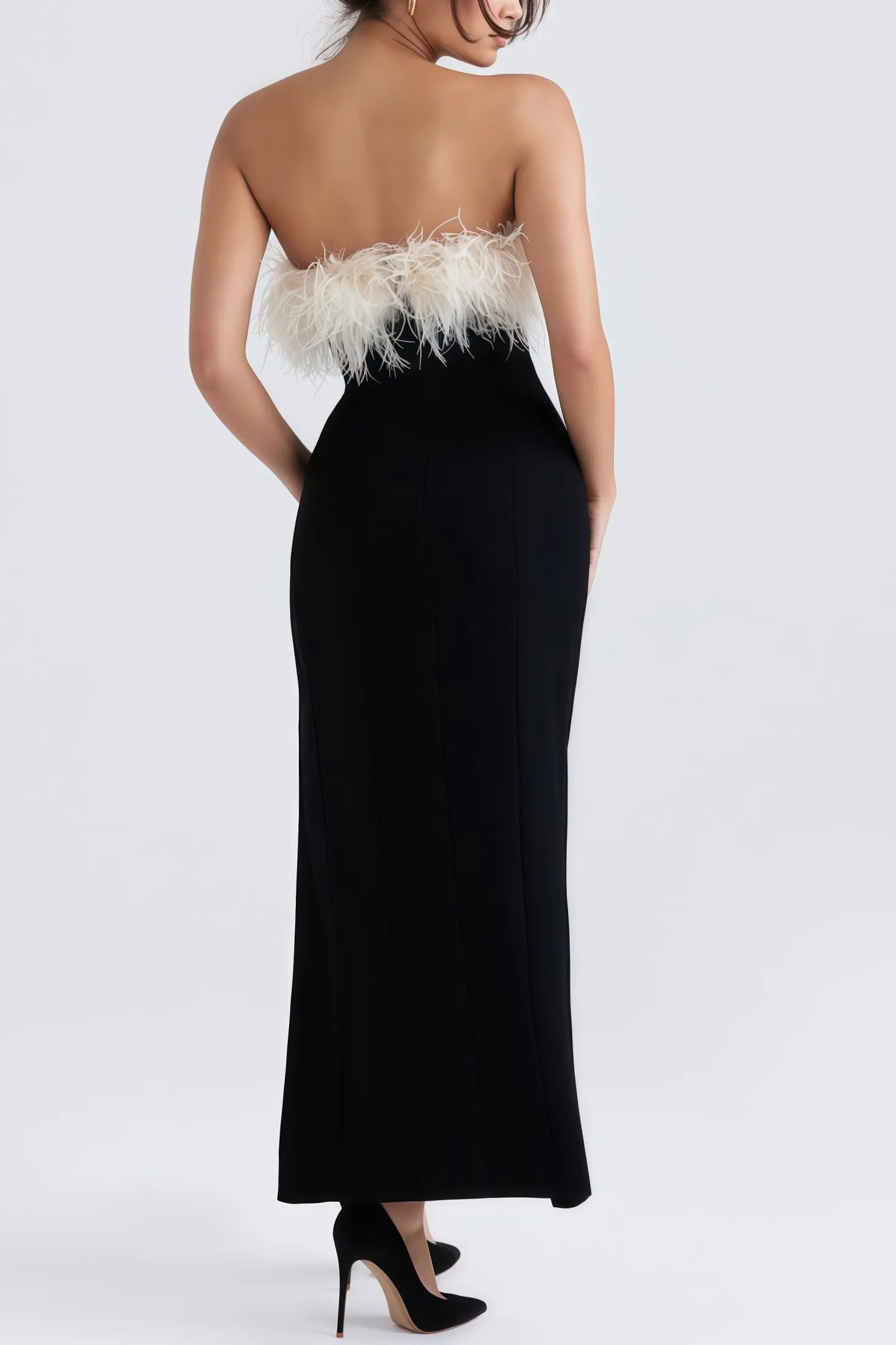 Black strapless maxi dress with white trim