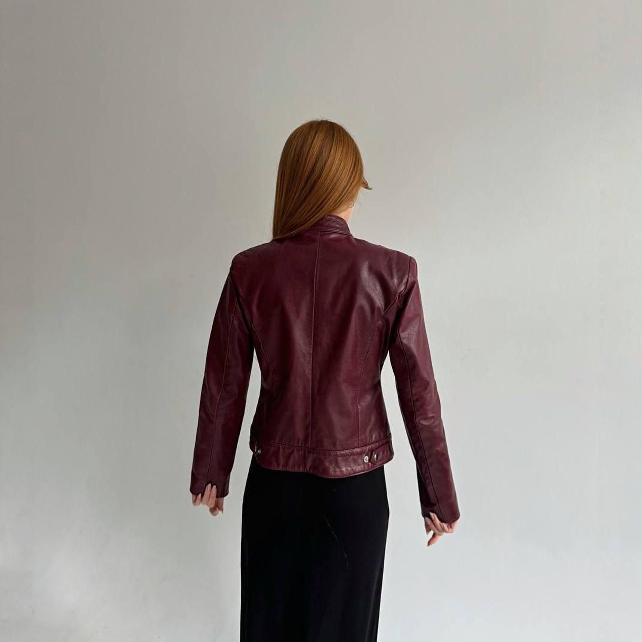 Burgundy moto jacket with stand-up collar