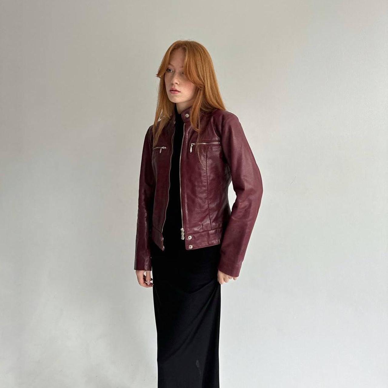 Burgundy moto jacket with stand-up collar