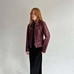 Burgundy moto jacket with stand-up collar