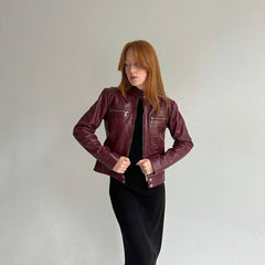 Burgundy moto jacket with stand-up collar
