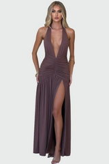 Deep V-neck, open back, high slit purple maxi dress