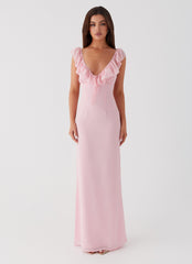 Light pink long dress with ruffles and plunging neckline