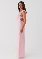 Light pink long dress with ruffles and plunging neckline
