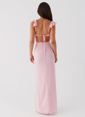 Light pink long dress with ruffles and plunging neckline