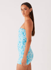 Turquoise floral strapless mini dress