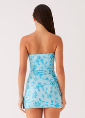 Turquoise floral strapless mini dress