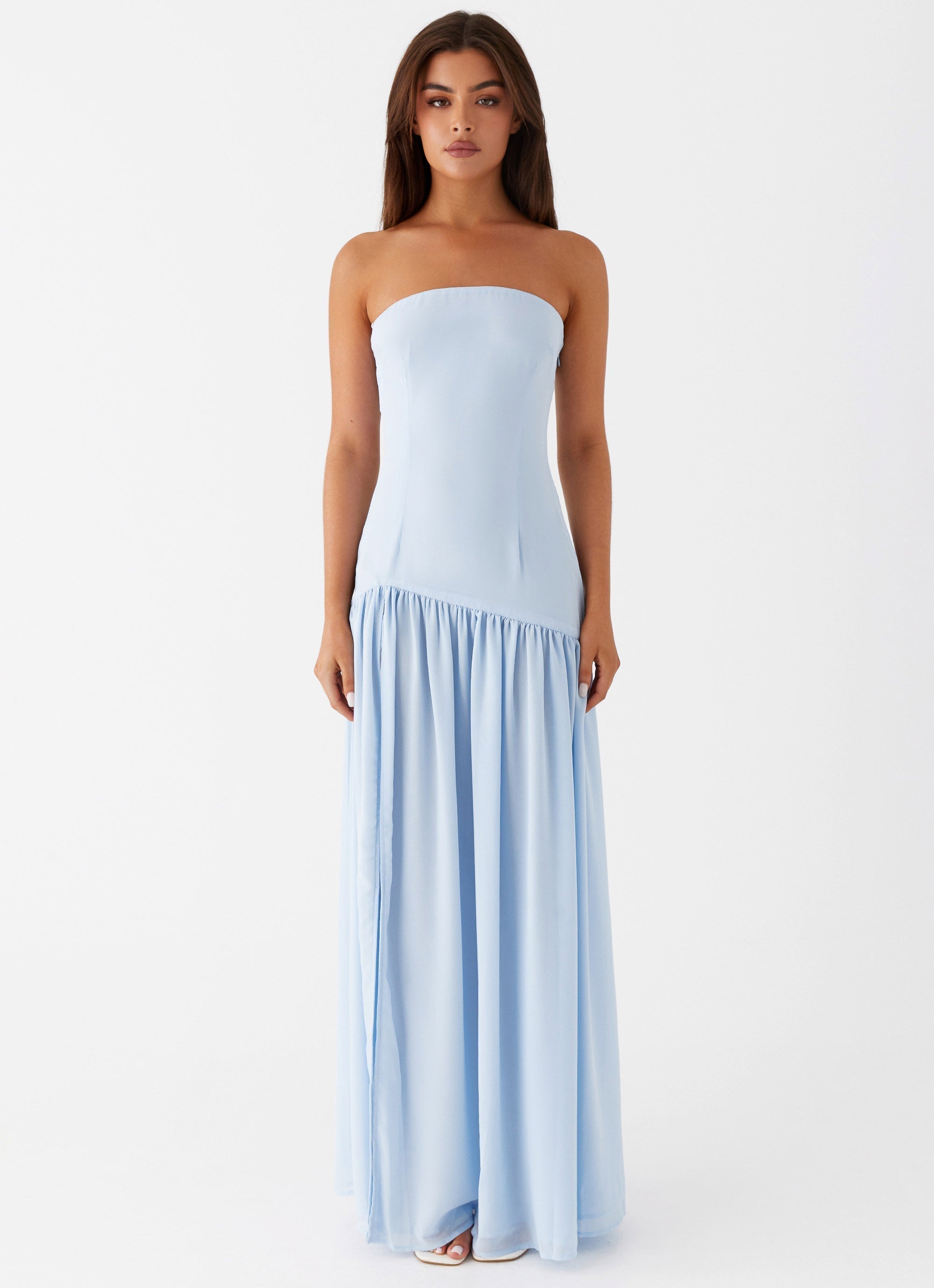 Light blue strapless maxi dress with slit