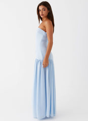 Light blue strapless maxi dress with slit