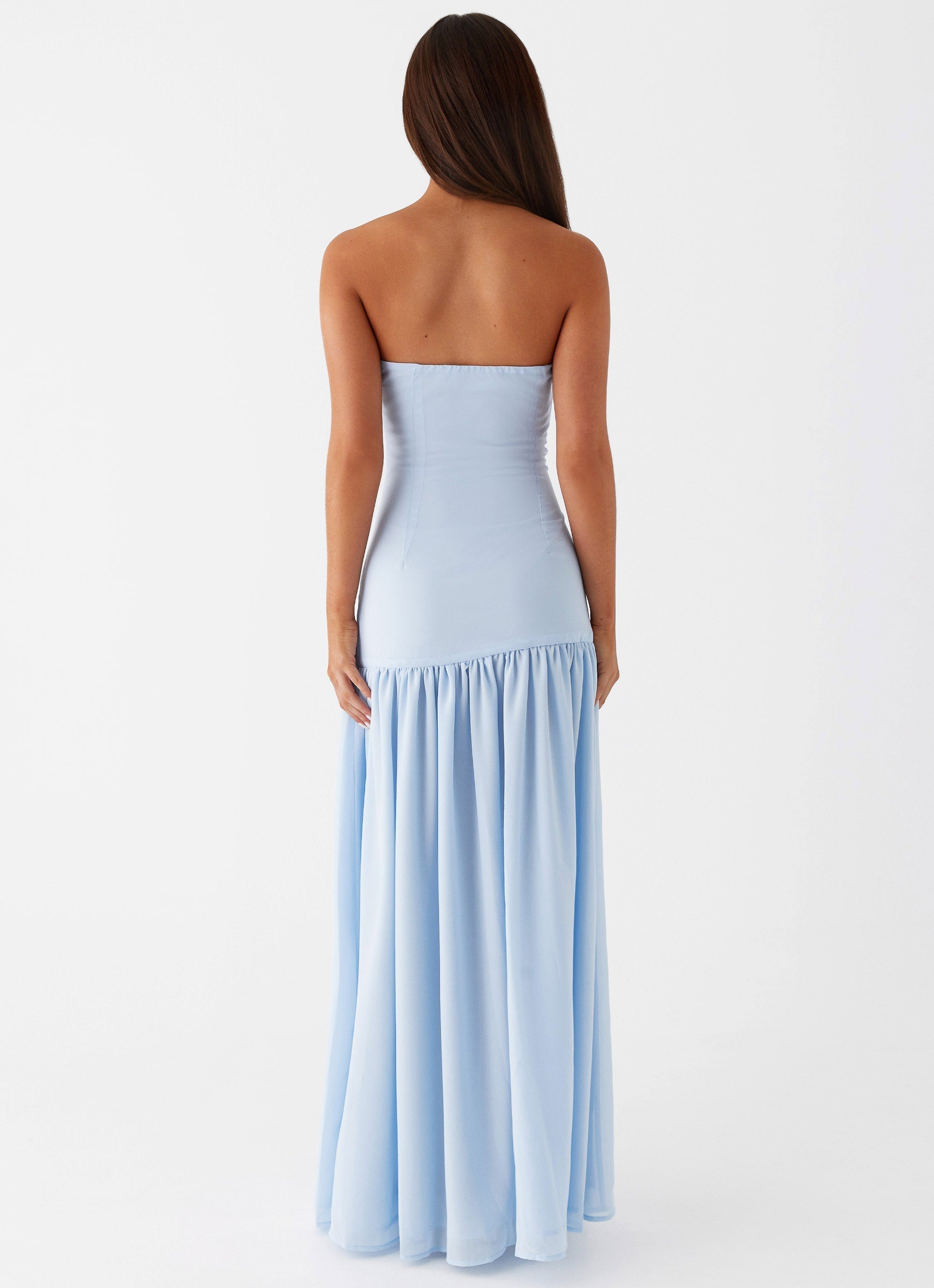 Light blue strapless maxi dress with slit