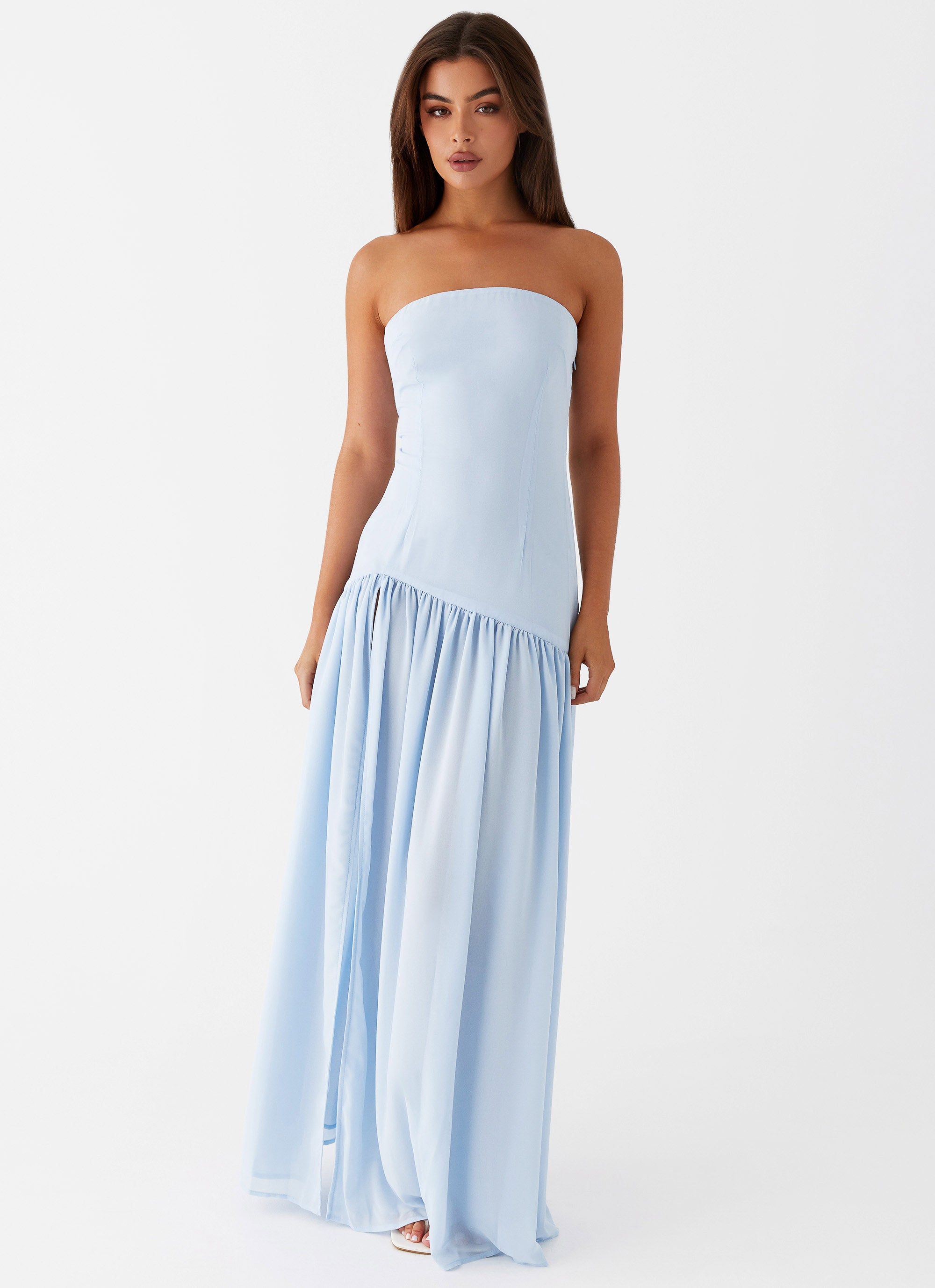 Light blue strapless maxi dress with slit