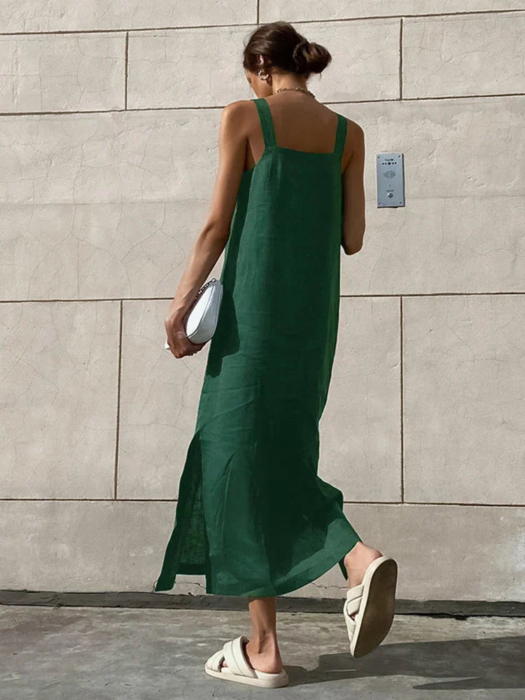 Green linen slit midi dress