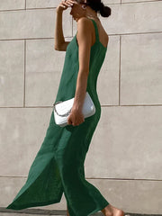 Green linen slit midi dress
