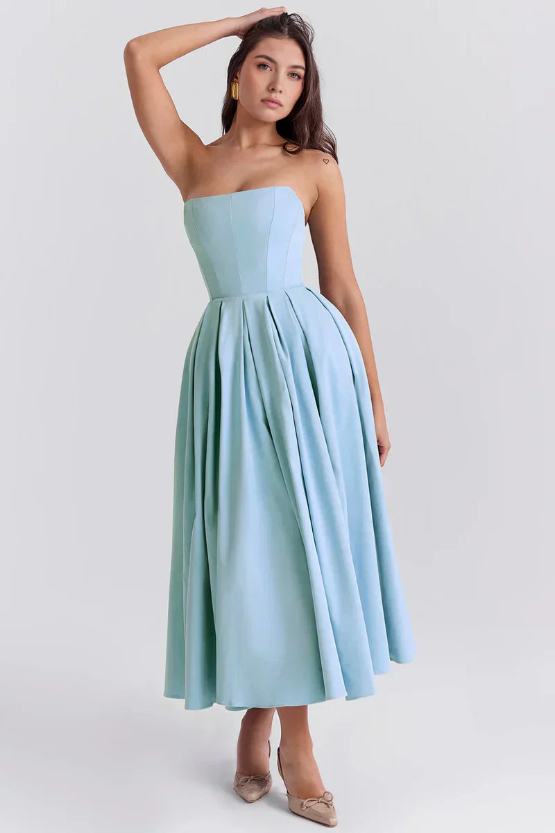 Strapless midi dress with pleated skirt