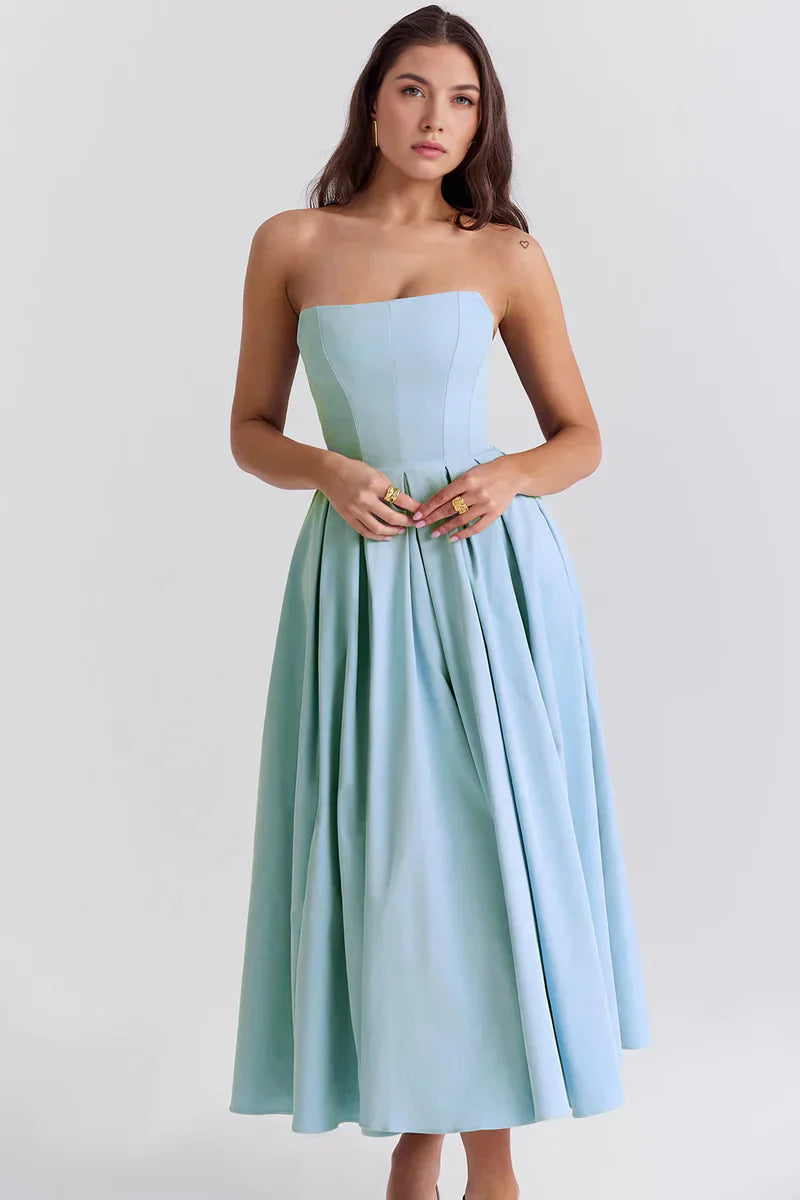 Strapless midi dress with pleated skirt