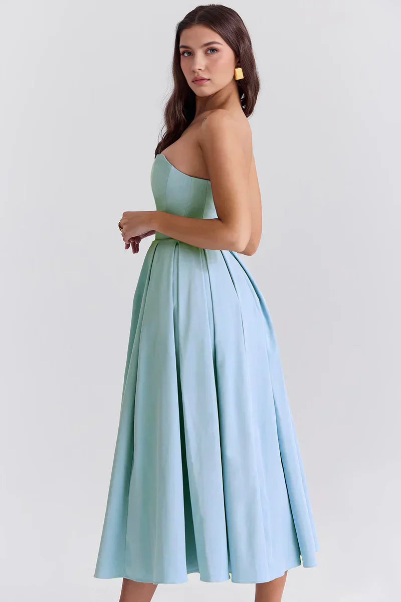 Strapless midi dress with pleated skirt
