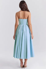 Strapless midi dress with pleated skirt