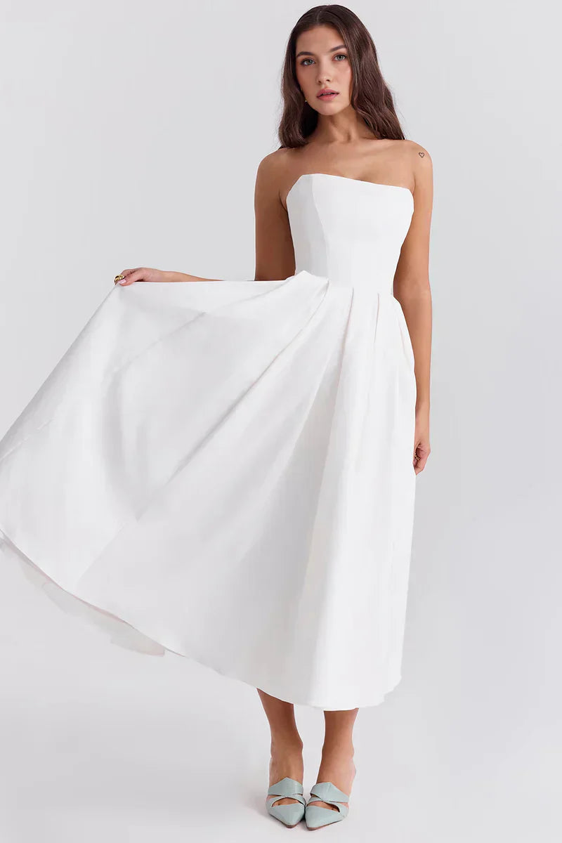 Strapless midi dress with pleated skirt
