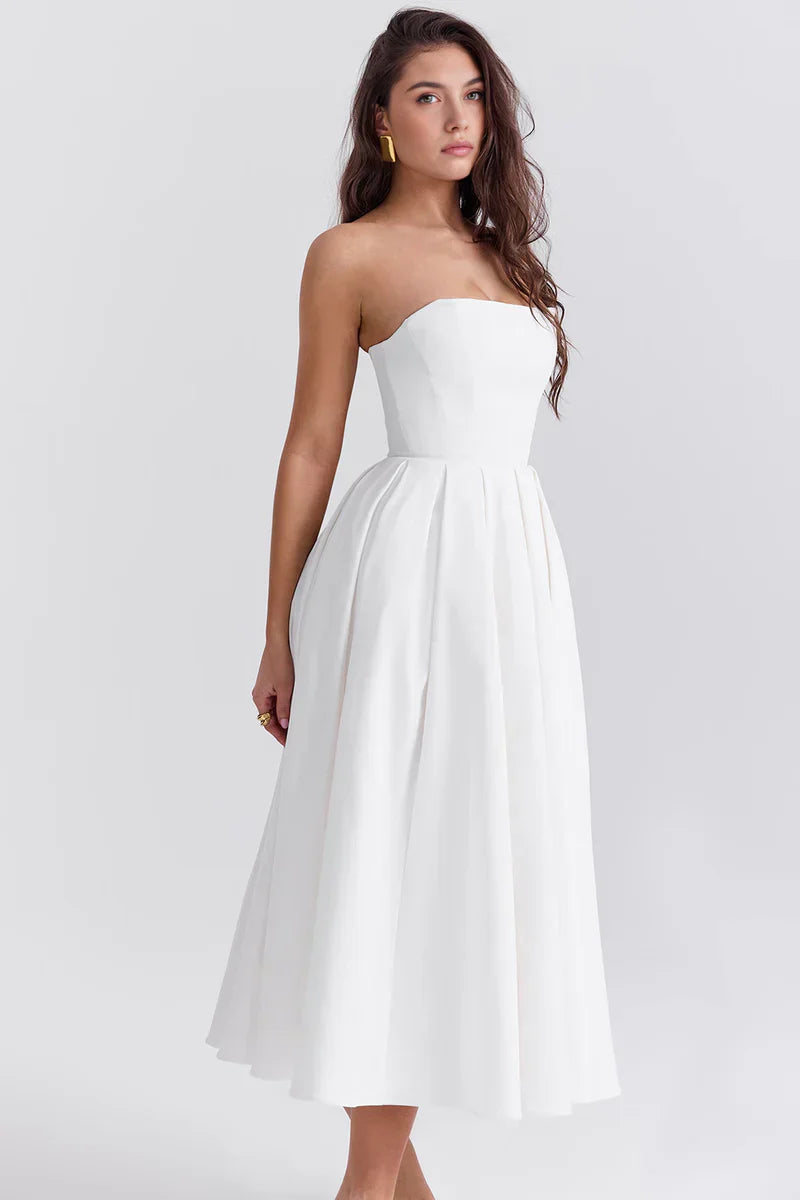 Strapless midi dress with pleated skirt