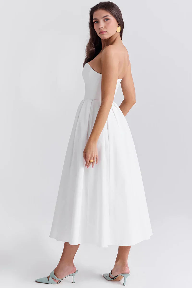 Strapless midi dress with pleated skirt
