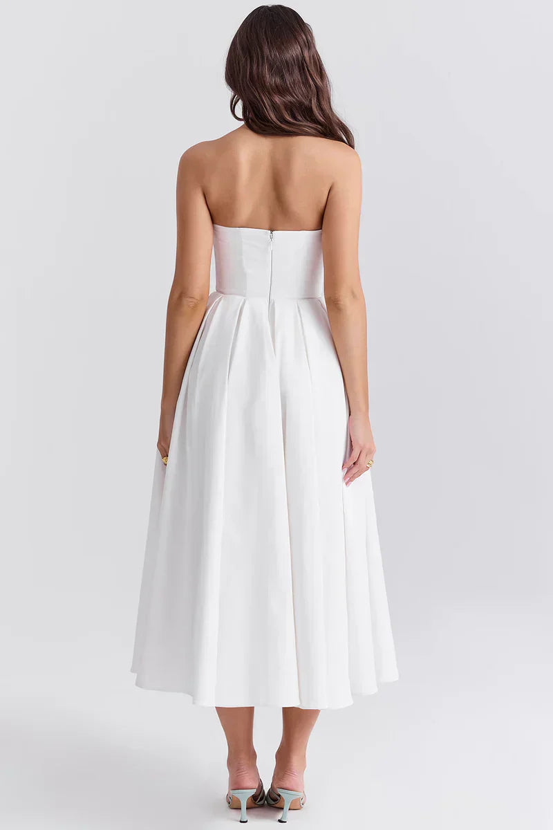 Strapless midi dress with pleated skirt