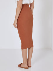 Caramel ribbed knit midi dress