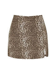 Brown leopard slit mini skirt