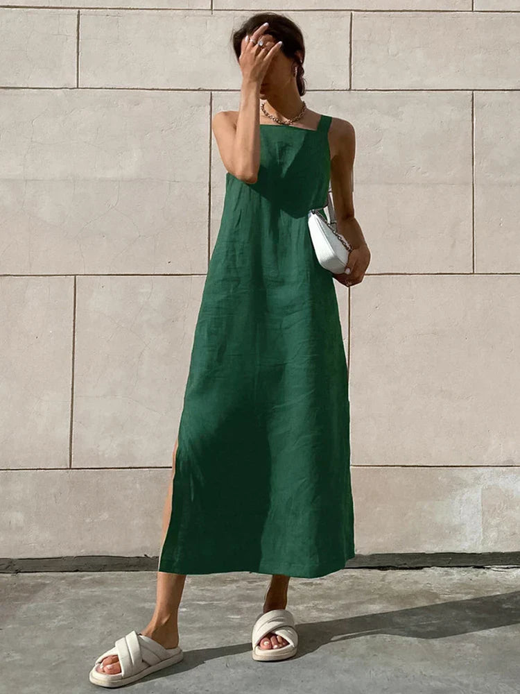Green linen slit midi dress