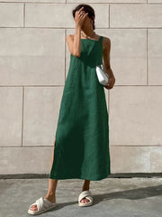 Green linen slit midi dress