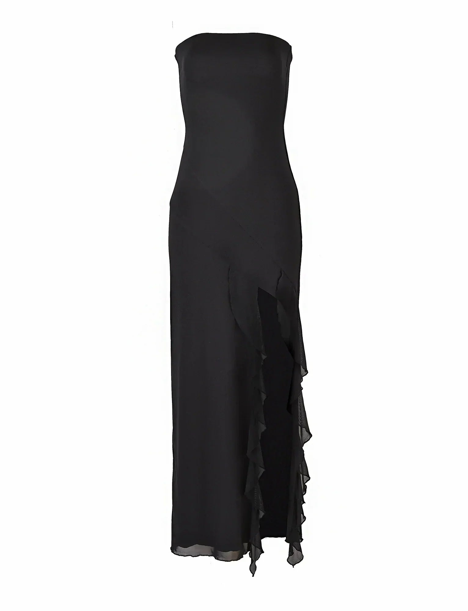 Black strapless ruffled maxi dress