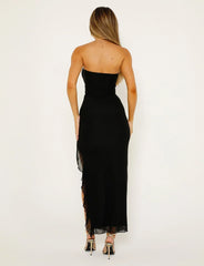 Black strapless ruffled maxi dress