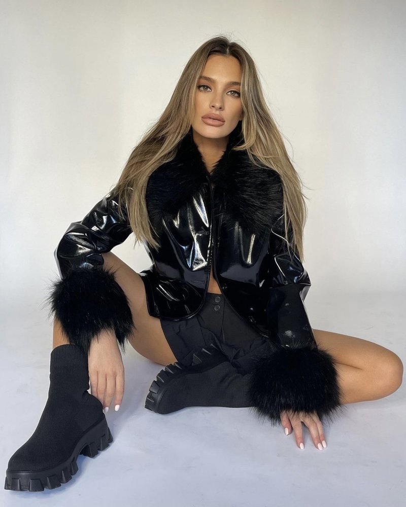 Black glossy short jacket with fluffy collar and cuffs
