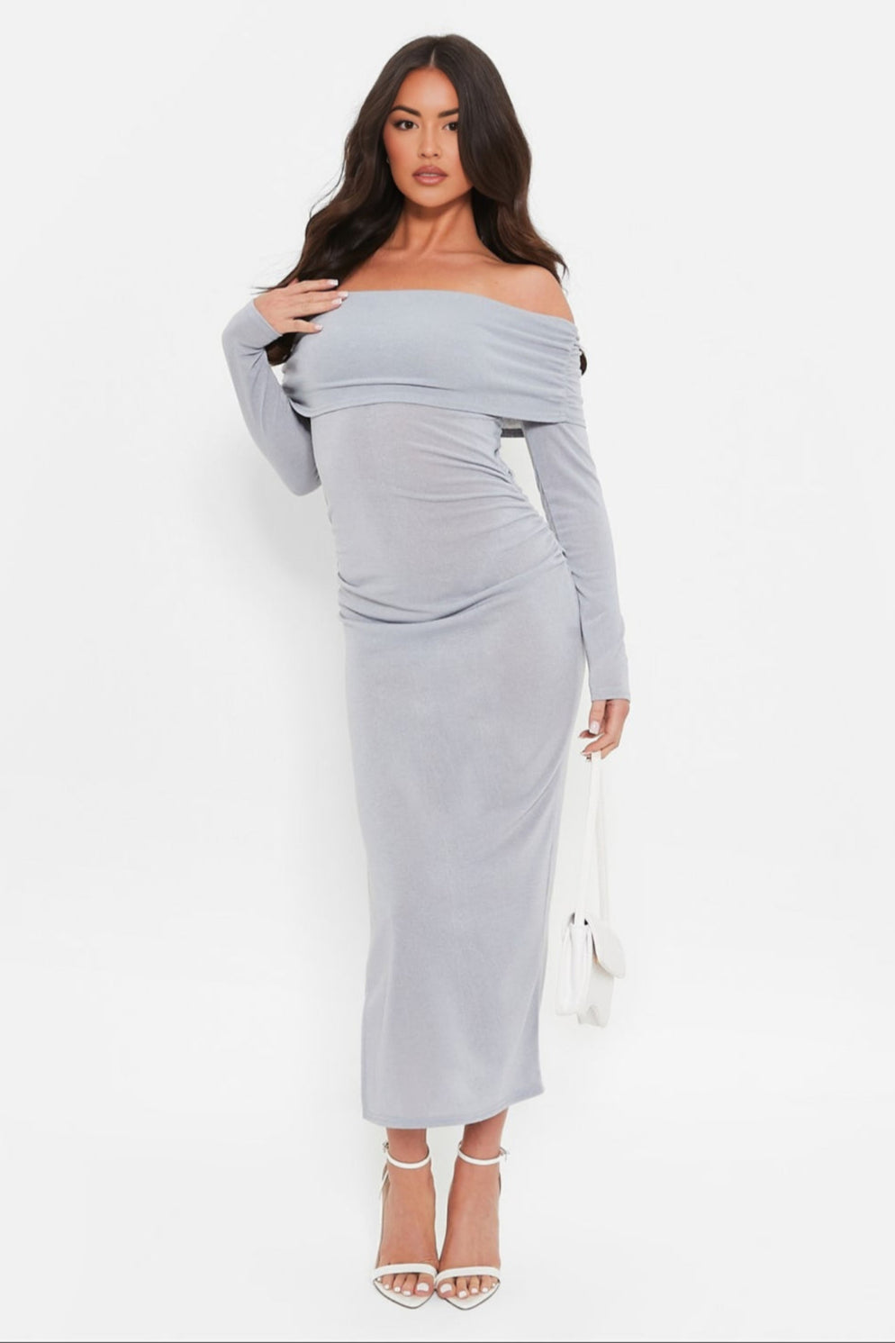 Light gray off-the-shoulder maxi dress