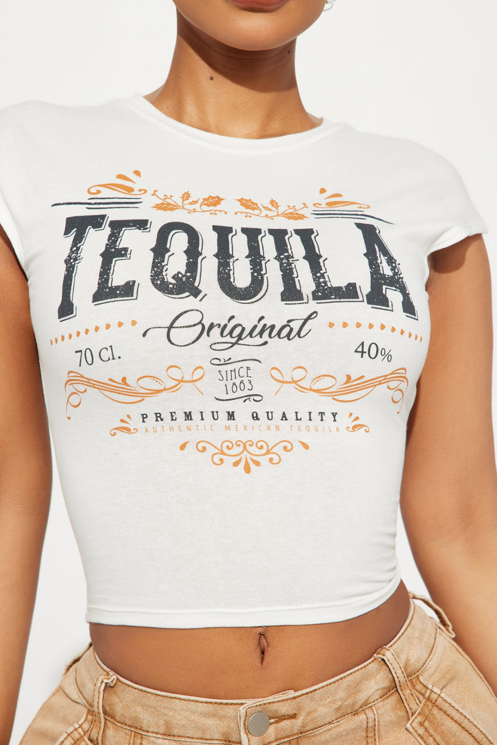 White cropped T-shirt with "Tequila" print
