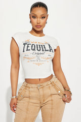 White cropped T-shirt with "Tequila" print